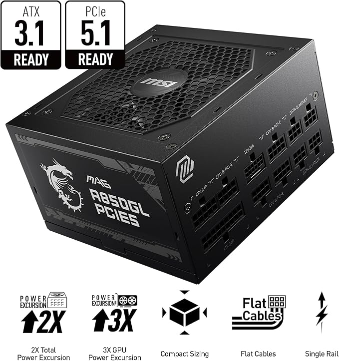 MSI MAG A850GL PCIE5, Fully Modular Compact Gaming 850W Power Supply, 80+ Gold, ATX 3.1 & PCIe 5.1 Ready, Native Dual-Color 12V-2x6 Cable, 10 Year Warranty