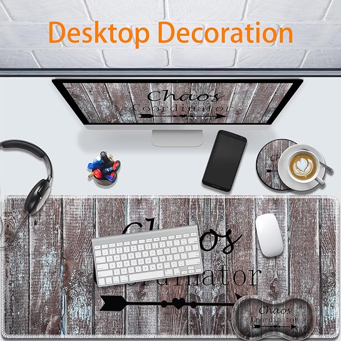 Durable Desk Mat + Wrist Rest Pad + Coasters Set, Large Gaming Office Mouse Pad 31.5 "x 11.8", Extended Non-Slip Rubber Keyboard Pad, Laptop & Home, Chaos Coordinator