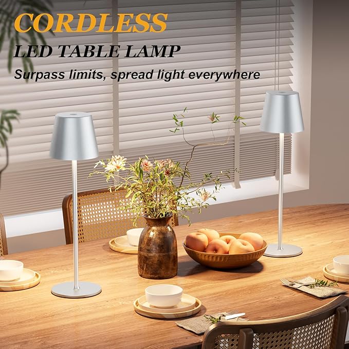 Cordless Table Lamp Rechargeable - Silver Grey 2 Pack 5000mAH Battery Operated Lamp for Counter, 3 Color Stepless Dimming Waterproof LED Wireless Lamp for Dining Kitchen, Outdoor Patio, Touch Control