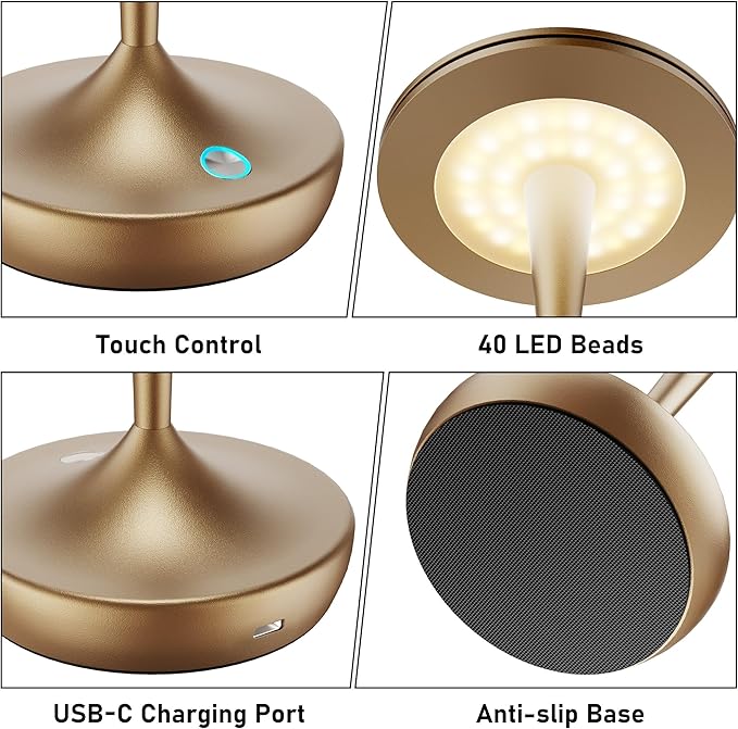 YHT YHTCordlessTable Lamps Rechargeable, 6000mAh Battery Portable LED Touch Led Table Lamp, 3-Color Stepless Dimming & Memory Function, for Outdoor, Dinning, Patio, Restaurant, Kitchen (Bronze)