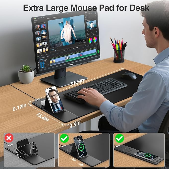 Wireless Charging Mouse Pad with Foldable Phone Holder, 31.5"x15.8" Large Desk Mat for Laptop/Keyboard, Waterproof Ultra-Smooth Surface, Non-Slip Base, Black