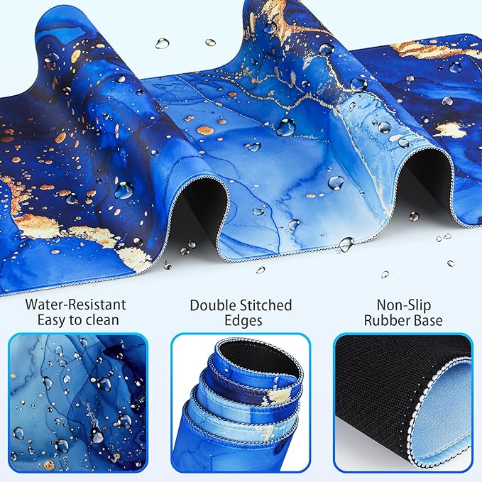 Desk Mat Blue, Large Gaming Mouse Pad with Wrist Rest, 4in1 XXL Mousepad+Keyboard Wrist Rest+Mouse Pad Wrist Support+Cup Coaster Set Ergonomic Computer Desk Arm Wrist for Decor Home Office Women