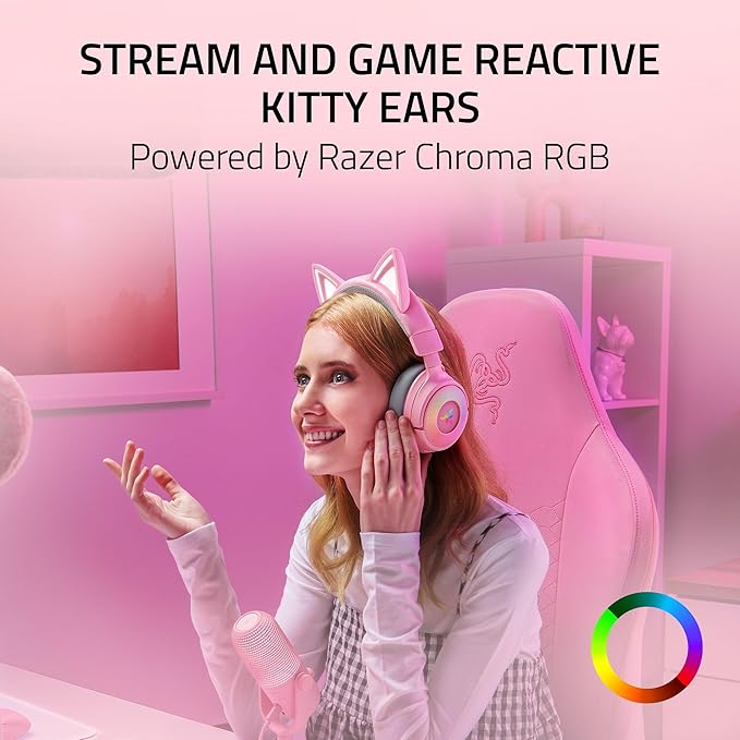 Razer Kraken Kitty V3 Pro Wireless RGB Gaming Headset: Chroma RGB Kitty Ears - 2.4 GHz, Bluetooth 5.3, USB A - Super Wideband Mic - 40mm Drivers - THX Spatial Audio - Comfortable Ear Cushions - Pink