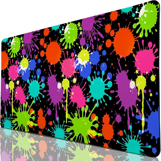 Desk Mat, Desk Matt for Desktop, Neon Paint Splatter XXL Large Gaming Mouse Pad with Non-Slip Rubber Base Stitched Edges Waterproof Keyboard Desk Pad for PC Gaming, Laptop, Computer, Work, Office