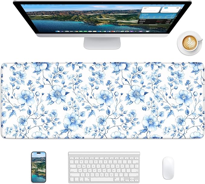 Floral Mouse Pad, 31.5 x 11.8 Large Desk Mat with Stitched Edges & Non-Slip Base, Mousepad for Office, Home, Work, Blue White Flower