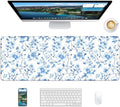 Floral Mouse Pad, 31.5 x 11.8 Large Desk Mat with Stitched Edges & Non-Slip Base, Mousepad for Office, Home, Work, Blue White Flower