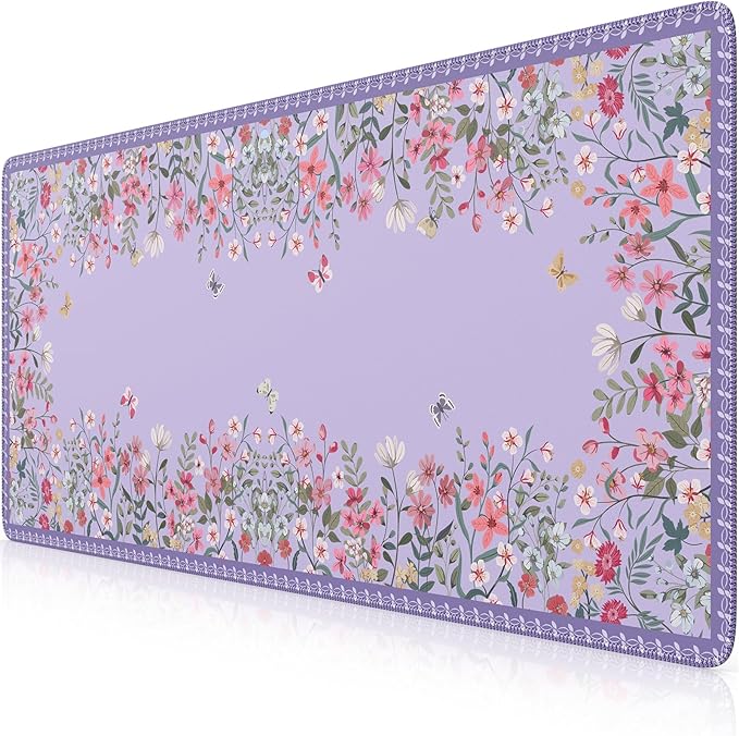 iCasso Desk Mat for Keyboard and Mouse,Cute Desk Pad Large,Anti-Slip Floral Computer Mat for Women,Girly Gaming Mouse Pad for Home Office (Purple)