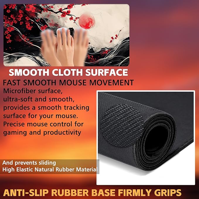 Desk Pad, Black Red Ink Painting Desk Mat, Cherry Blossom Trees Sun Waves Large Gaming Mouse Pad, 31.5"x15.7" Extended Big Computer Mouse Pad with Non-Slip Base and Stitched Edge