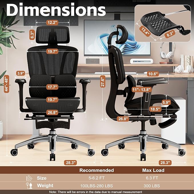 Vonesse Ergonomic Office Chair with Footrest, Desk Chairs with Adjustable 3D Headrest and Armrests, Computer Gaming Chair with Dynamic Lumbar Support & Adjustable Depth Breathable Mesh Seat (Black)