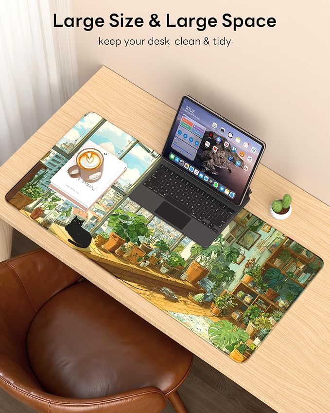 XL Gaming Mouse Pad, 31.5x15.7'' Large Desk Mat with Anti-Slip Rubber Base & Stitched Edges for Gaming, Office, Home, Greeny Cottage