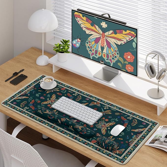 iCasso Large Mouse Pad for Desk, Computer Desk Mat, 3Pcs XXL Keyboard and Mouse Pad + Keyboard Wrist Rest, Desk Matt for Desktop, Easy Typing & Comfort Ultra Thick Mousepad Keyboard Mat (Green)