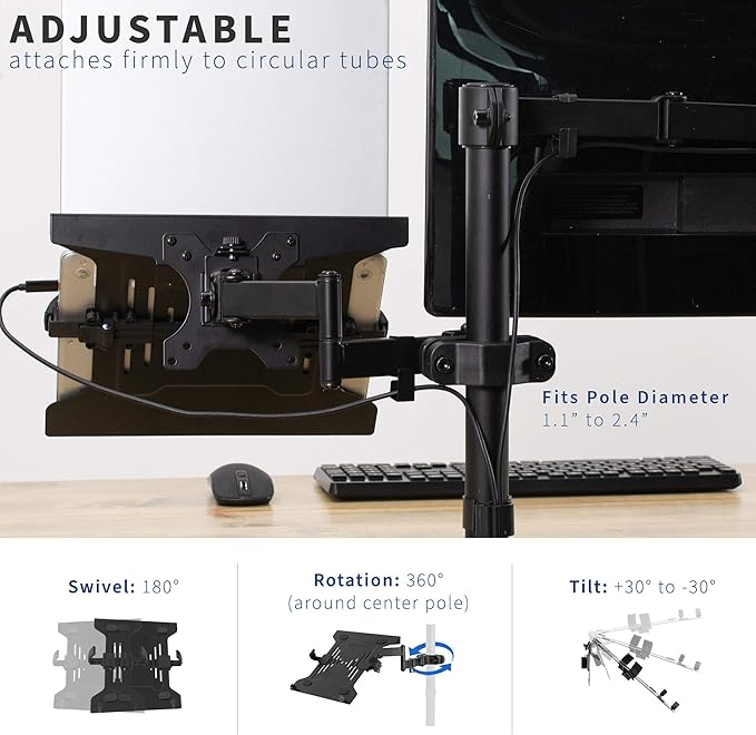 VIVO Steel Universal Full Motion Pole Mount Laptop Holder Arm with Removable 75mm and 100mm VESA Plate, Fits 10 to 15.6 inch Laptops, Black, MOUNT-PL1A-LAP3