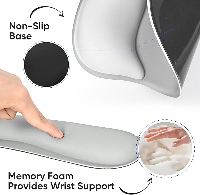 Wrist Rest Support for Mouse Pad Keyboard Set Circle Coaster Gaming Mouse Pad Ergonomic Gel Memory Foam Set for Computer, Laptop, Office, Comfortably Typing Grey KM-31