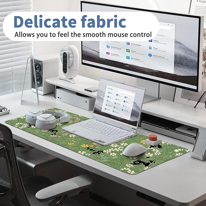 Cute Cat Mouse Pad Large Green Desk Mat Extended Keyboard Mouse Pad Kawaii Mousepad with Non-Slip Base and Stitched Edge Plant Mouse Mat Desk Pad 31.5 x 11.8 in Mouse Pads for Decor Home Office Gaming