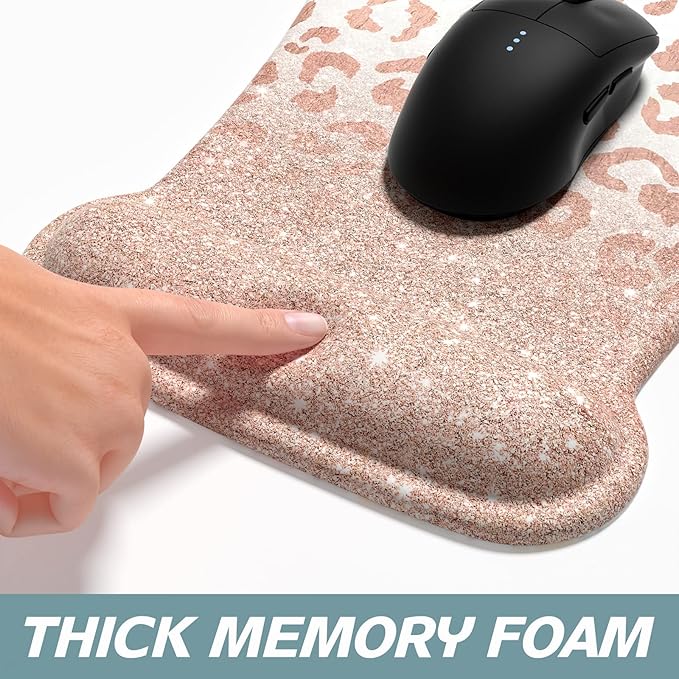 ITNRSIIET Mouse Pad Wrist Support Keyboard Wrist Rest Pad Ergonomic Mousepad Non-Slip Memory Foam Keyboard Pad Easy Typing Pain Relief Perfect for PC Laptop Gaming Office, Rose Gold Leopard Print
