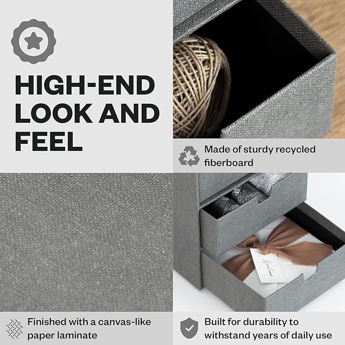 Bigso Box of Sweden Ingrid 3-Drawer Canvas Fiberboard Desk Organizer for Office Supplies and Accessories - Stackable Makeup Drawer Organizer - 6.3in x 9.9in x 8.1in - Grey (Pack of 2)
