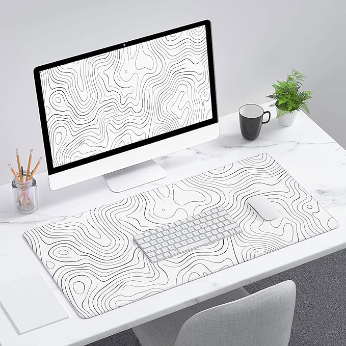 Topographic Map Desk Mat White Black Minimalist XL Mouse Pad Large Mousepad Extended Laptop Keyboard Mat Gaming Desk Pad Mouse Mat 31.5"x11.8" Office Computer Keyboard Laptop Home