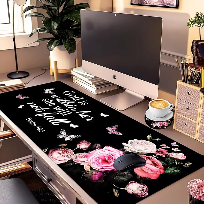 Extended Large Gaming Mouse Pad with Coaster - 35.4 x 15.7 Full Desk Mousepad - Stitched Edges - Ultimate Gaming Desk Mat - Bible Flowers