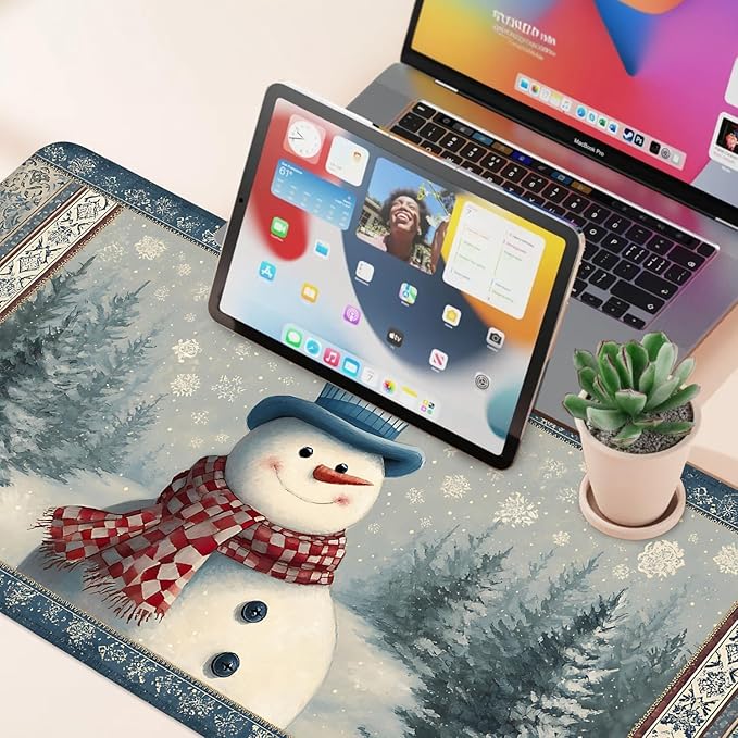 Desk Mat, XXL Extended Gaming Pad for Desktop, 31x12 Inches Winter Snowman in Snowy Forest, Large Non-Slip Vegan Leather Surface with Stitched Edges, Keyboard Mouse Mat for Home Office