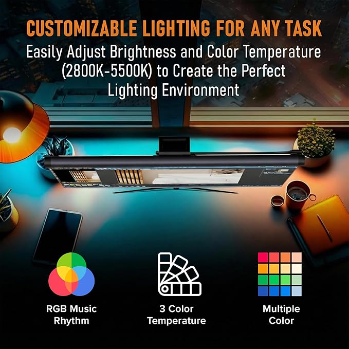 Beam Monitor Light Bar, LED Light bar for Eye Caring, e-Reading, LED Desk Lamp with Auto-Dimming, Touch Control, No Screen Glare, Space Saving, Home Office Task Lamps Black (RGB Backlight)