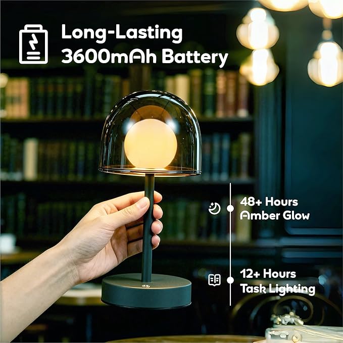 Rechargeable Mushroom Lamp, Small Cordless Table Lamp with Stepless Dimmable, Portable Modern Lamp IP44 Touch Control for Bedroom Living Room Bathroom Balcony, 7.7" W x 10.6" H (Smoky Grey)