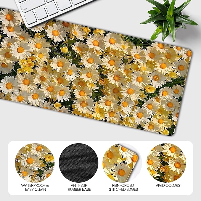 XXL Gaming Mouse Pad, Daisy Floral Design, 35.4 x 15.7 Inches, Microfiber Cloth, Rectangular, Non-Slip Rubber Base
