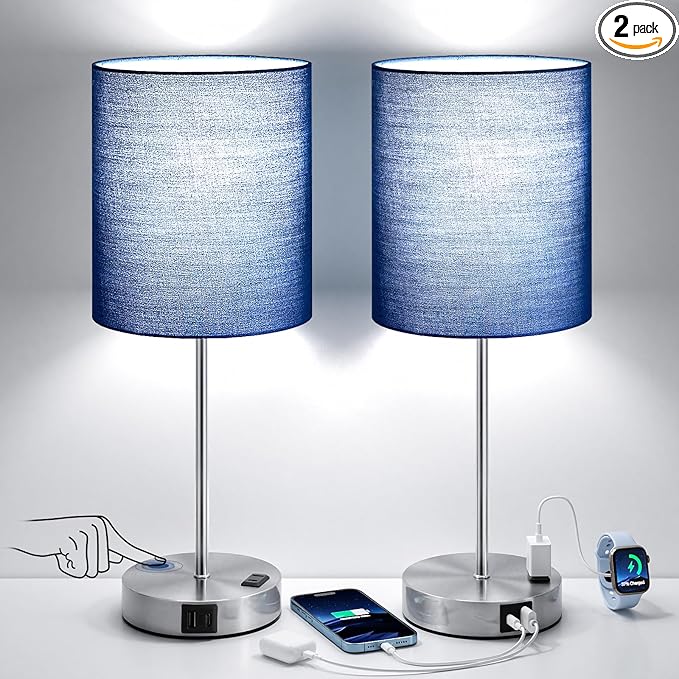 Blue Touch Lamps for Nightstand Set of 2 - Bedside Table Lamp for Bedroom with Dual USB Ports & AC Outlet, 3-Way Dimmable Lamps for Living Room Boys Room, Night Light with 5000K Daylight Bulbs