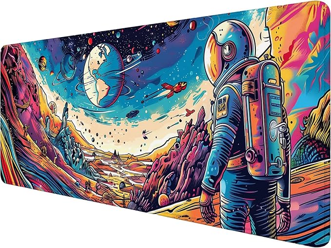 Space Planet Desk Mat Astronaut Spaceship Cosmic Large Gaming Mouse Mat with Stitched Edges,Non-Slip Waterproof Rubber Base Mous Mat 31.5"x11.8" Office Computer Keyboard Laptop Home