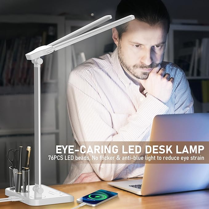 LED Desk Lamp Dimmable Table Lamp with USB Charging Port, 50 Lighting Modes, Adjustable Foldable Dual Swing Arm Architect Desk Lamp for Home Office, Eye-Caring Reading Lamp w/Pen Holder 45min Timer