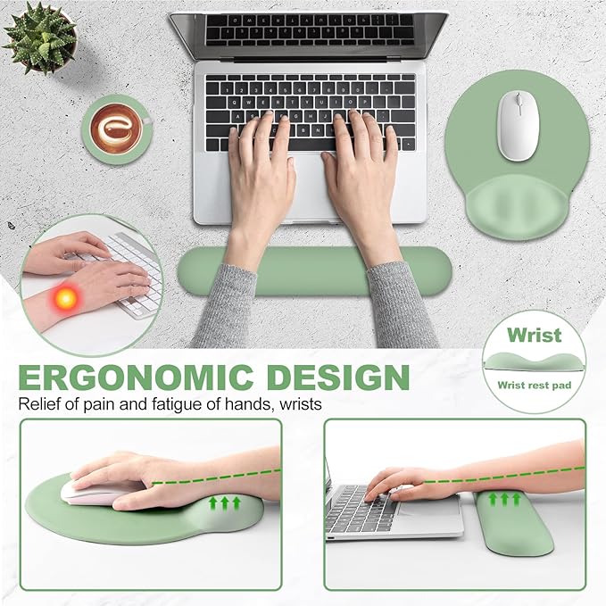 AIMSA Mouse Pad with Wrist Rest Support, Keyboard Wrist Rest Set, Ergonomic Memory Foam Mousepad for Computer Keyboard, Easy Typing and Pain Relief, Green