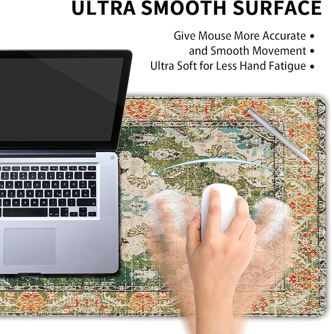 Vintage Rug Mouse Pad XL Green Orange Retro Carpet Aesthetic Extended Table Mat 80X30 cm Non-Slip Rubber Base Stitched Edge Large XL Mousepad for Desk Gaming Laptop Desk Top,31.5×11.8 Inch