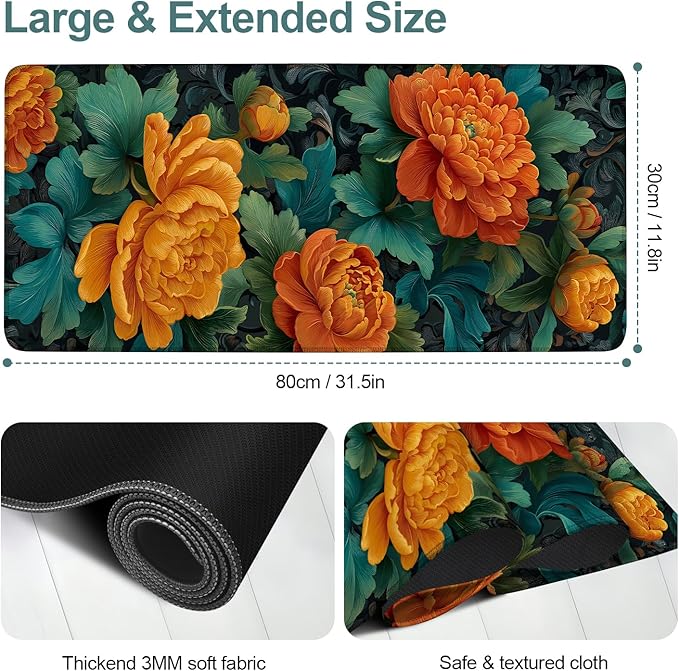 Retro Flower Spring Extended Gaming Mouse Pad 31.5x11.8inches Large Desk Mat Anti-Slip Rubber Base & Durable Stitched Edges for Gamers Smooth Mouse Writing Surface for Desk Office/Home