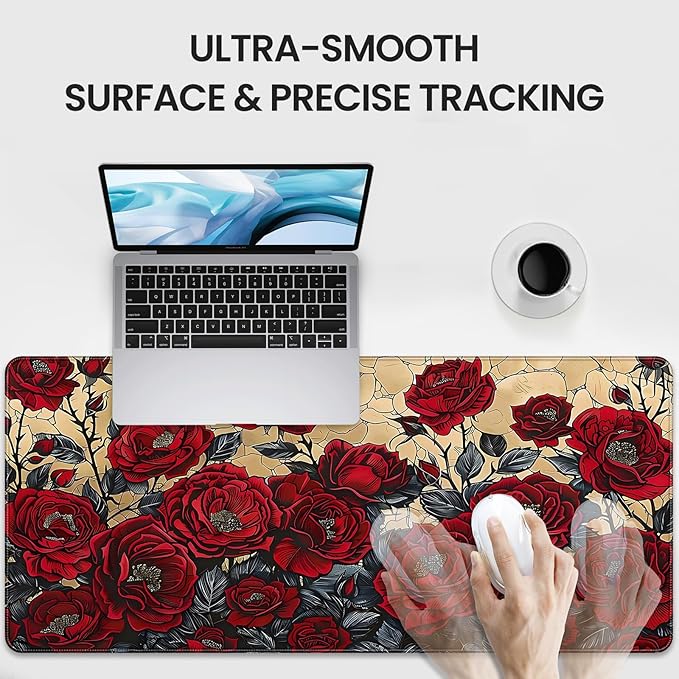 XXL Large Gaming Mouse Pad, 35.4 x 15.7 inches, with Non Slip Rubber Base, Extended Keyboard Pad for Home Computer Office Workstations, Large Laptop Mouse Pads Red Roses
