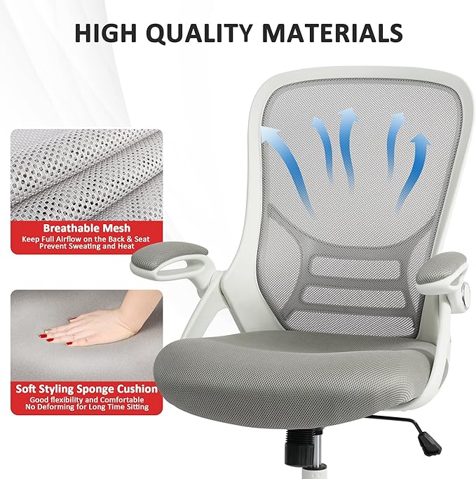 HYLONE Office Chair Ergonomic Chair with Flip up Armrests, Thickened Seat Computer Chair with Breathable Mesh Back Home Office Computer Chairs for Long Hours Mesh Office Chair(Grey)