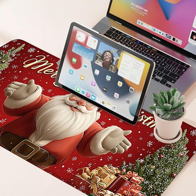 Desk Mat, XXL Extended Gaming Pad for Desktop, 31x12 Inches Jolly Santa with Tree, Large Non-Slip Vegan Leather Surface with Stitched Edges, Keyboard Mouse Mat for Home Office