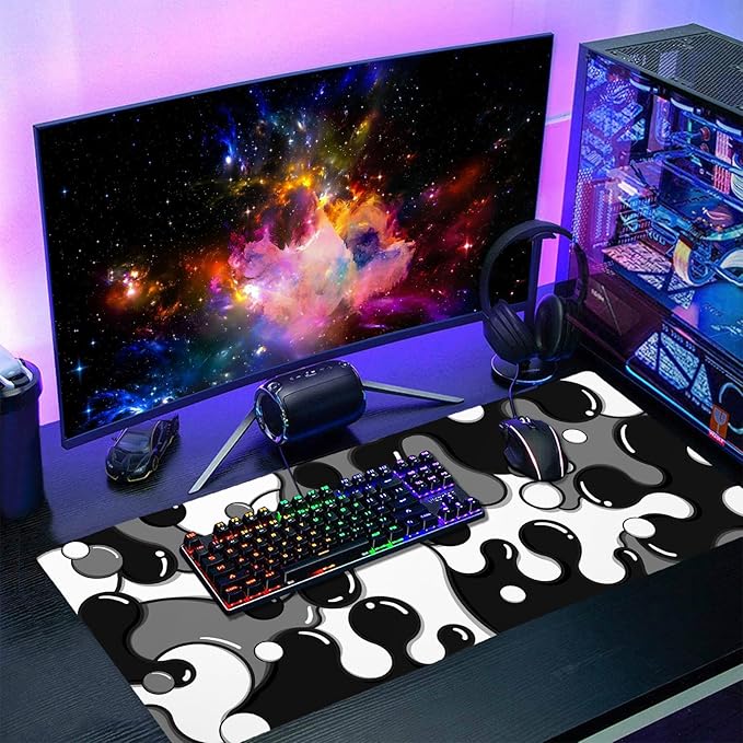 aportt Black White Grey Mouse Pad XXL Anime Cool Geometric Japanese Extended Desk Mat 90X40 CM Non-Slip Rubber Base Stitched Edge Large Mousepad for Gaming Laptop Computer Desktop 35.4×15.7 Inch