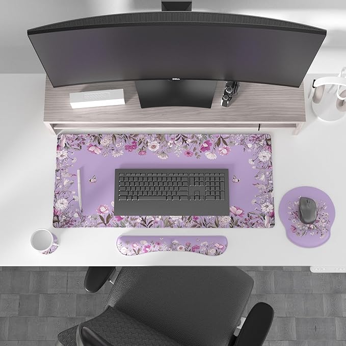 Ovenbird Mouse Pad Set 4-in-1 | Large Gaming Mousepad, Keyboard Wrist Rest, Mouse Wrist Support, Coaster | Ergonomic Office Desk Mat Accessories for Women Men | 4PCS, 35.4 x 15.7in, Purple Floral