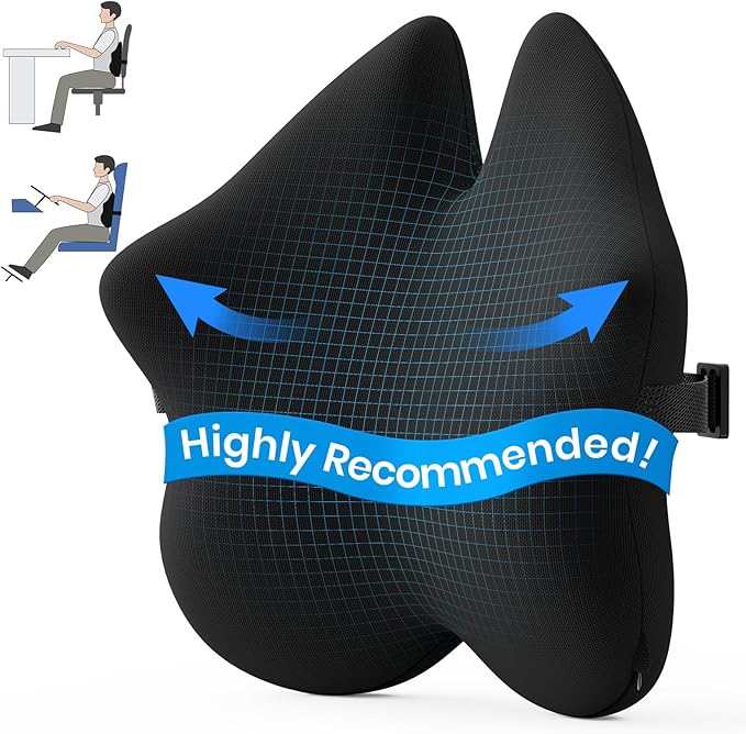 Benazcap Lumbar Pillow, Back Support for Office Chair, Car Seat, Sofa, Travel, Ergonomic Multi-Region Memory Foam & Adjustable Straps, Lower Back Support and Improved Posture Effectively, Black