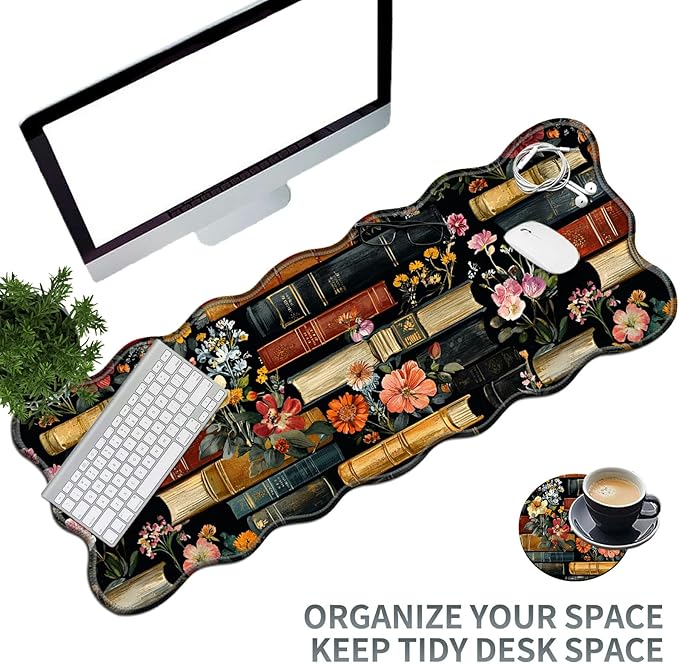 Flowers Bookshelves Large Gaming Mouse Pad Plus a Coaster, 31.5 x 11.8 inches Desk Mat Extended XL Mousepad with Stitched Edge Non-Slip Rubber, Desk Pad Computer Mouse Mat for Home Office