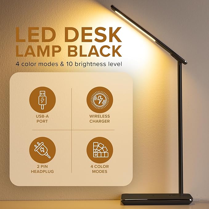 LED Desk Lamp | Wireless Charger & USB Port | 4 Color Modes & 10 Brightness Levels | Eye Caring Touch Control Lamp with Auto Timer | Foldable Adjustable Arm | Modern Light for Office Bedroom