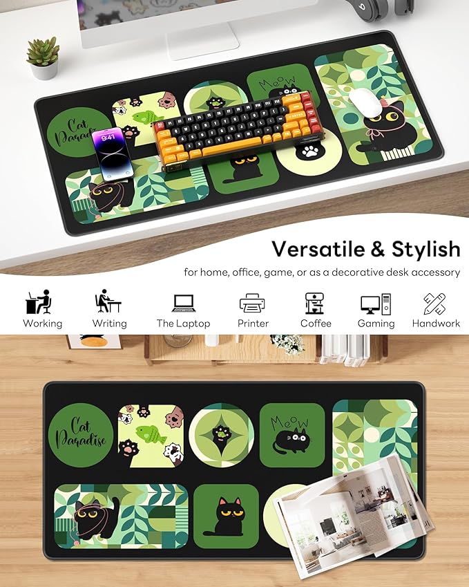 XL Gaming Mouse Pad, 31.5x15.7'' Large Desk Mat with Anti-Slip Rubber Base & Stitched Edges for Gaming, Office, Home, Cute Kitty