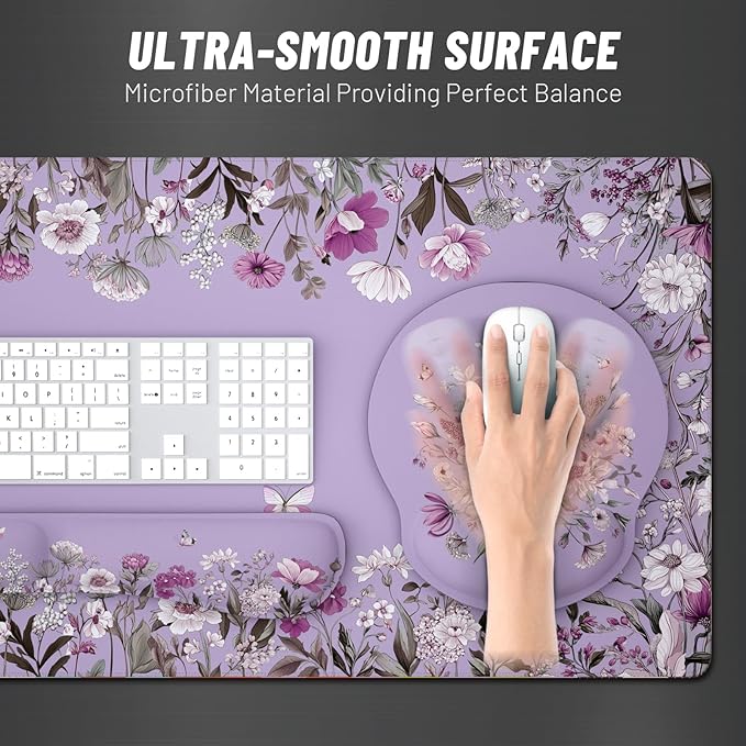 Ovenbird Mouse Pad Set 4-in-1 | Large Gaming Mousepad, Keyboard Wrist Rest, Mouse Wrist Support, Coaster | Ergonomic Office Desk Mat Accessories for Women Men | 4PCS, 35.4 x 15.7in, Purple Floral