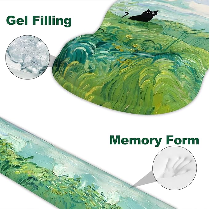 Ergonomic Mouse Pad with Wrist Rest and Keyboard Wrist Rest, Gel Mousepad and Wrist Rest for Computer Keyboard, Non-Slip PU Base, Mouse Pad with Wrist Support for Gaming, Office, Cat