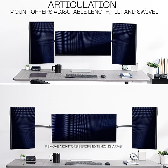 VIVO Premium Triple Monitor Wall Mount for 3 Screens up to 22 lbs, Fits up to 38 inch Ultrawides on Center Bracket, Adjustable Telescoping Arms, Flush Wall Setup, Black, MOUNT-TS03C
