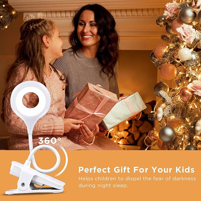 Desk Lamp LED Clip on Light, 5 Modes 5 Brightness Dimmable Clamp Lamp, Flexible Rechargeable Battery Clip on Reading Light for Bed Headboard Bunk Bed at Night for Kids (White)