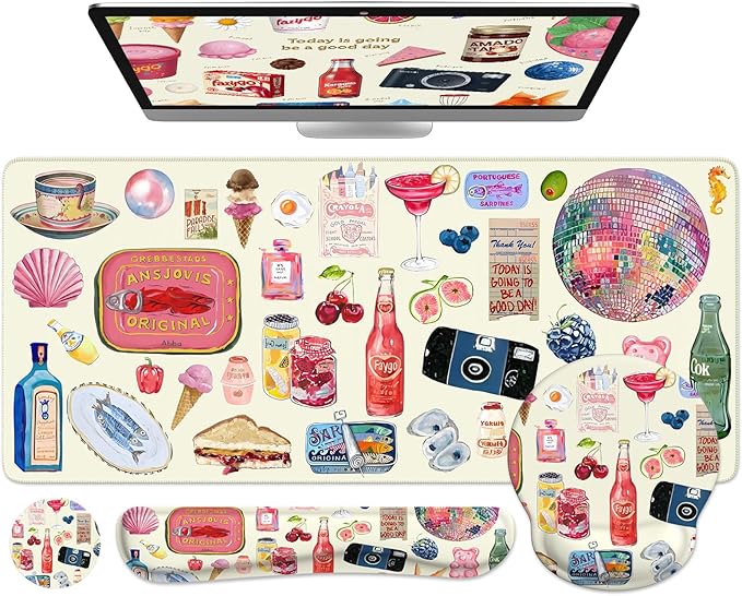 iLeadon Large Desk Cover Mat, Non Slip Gel Mouse Pad with Wrist Support Extra Large, Computer Desk Mat with Keyboard Wrist Rest and Mouse Pad Set, Computer Mats for Desktop Women (Vintage Stickers)