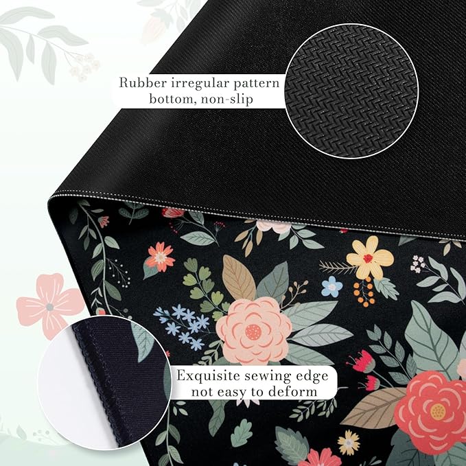 iCasso Floral Desk Mat for Keyboard and Mouse,Cute Gaming Mouse Pad XXL,Anti-Slip Desk Matt for Desktop,Soft Lycra Surface Computer Mat Women,Girly Big Mousepad for Home Office (Black Floral)