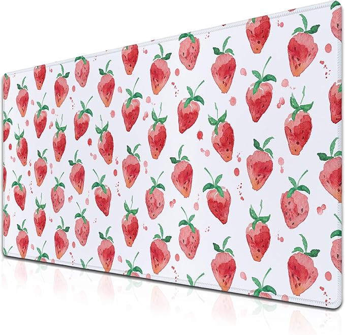 XXL Keyboard Pad Red Mouse Mat, Gaming Mouse Pads Big Mouse Pad, Modern Desk Pad Waterproof Non-Slip Rubber Base, 35.4 X 15.7 inch for Work/Game/Office/Home Summer Fruits Strawberry Leaves