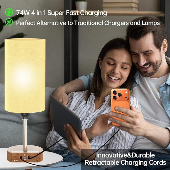 Bedside Lamp with Charging Station 74W【2 * 3.94ft Retractable Cords & 2 USB Ports】, 3 Way Dimmable Touch Lamps for Nightstand with LED Bulb, Small Desk Lamp, Set of 2, Brown Wood Grain