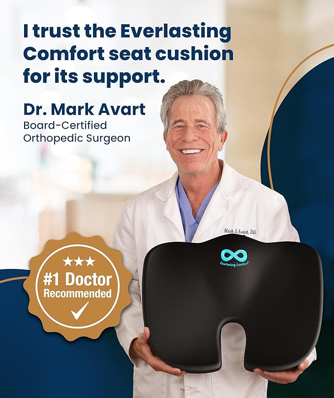 Everlasting Comfort Doctor Recommended Memory Foam Seat Cushion for Office Chairs & Car - Ergonomic Office Desk Accessories - Cushions for Tailbone Support, Sciatica (Black, XX-Large)